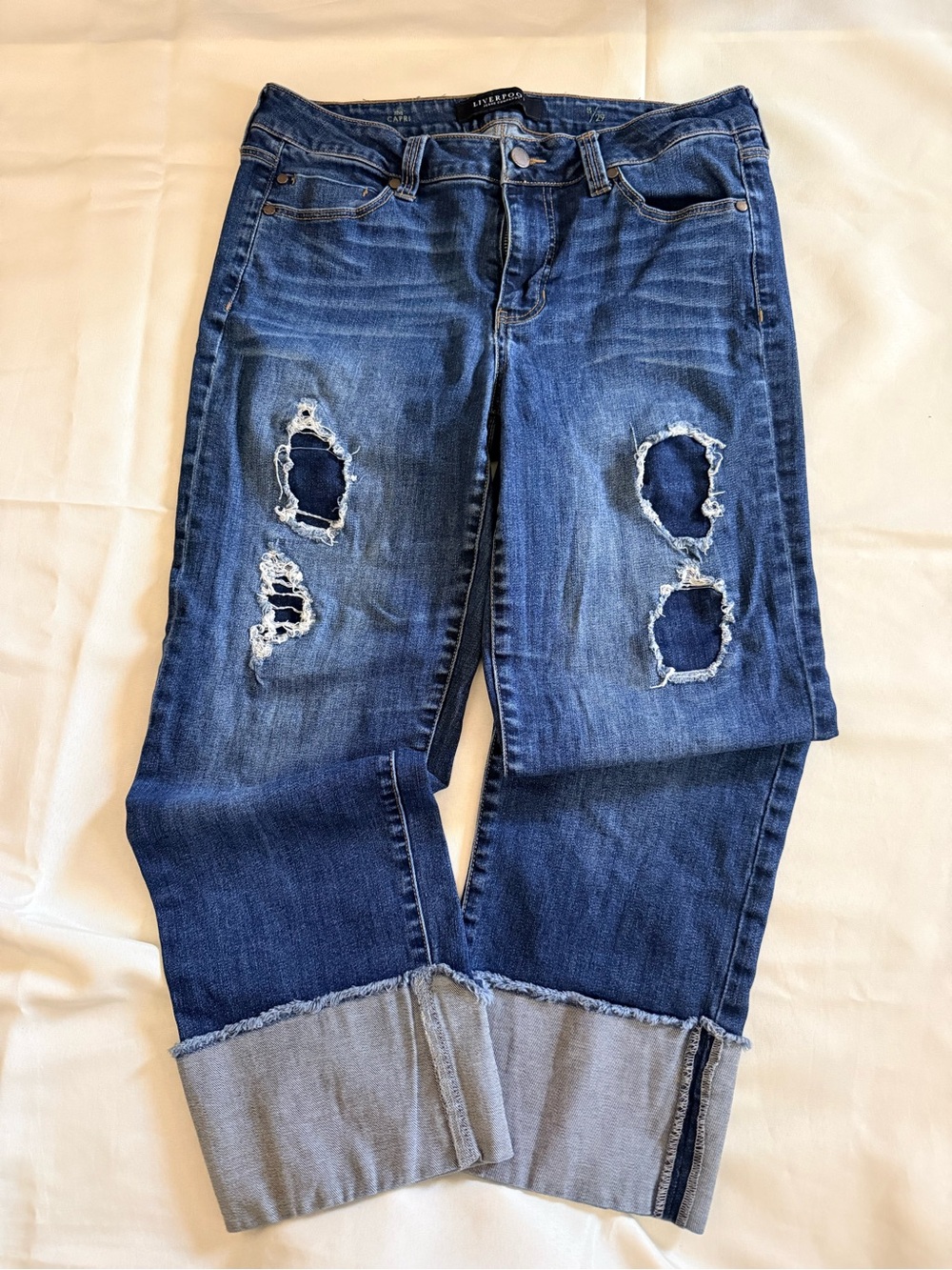 Liverpool Jeans Company Distressed Dark Blue Capris with Rolled Cuffs